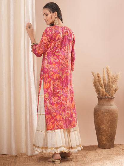 Abstract Floral Printed & Embroidered Straight Fit Kurta - Pink