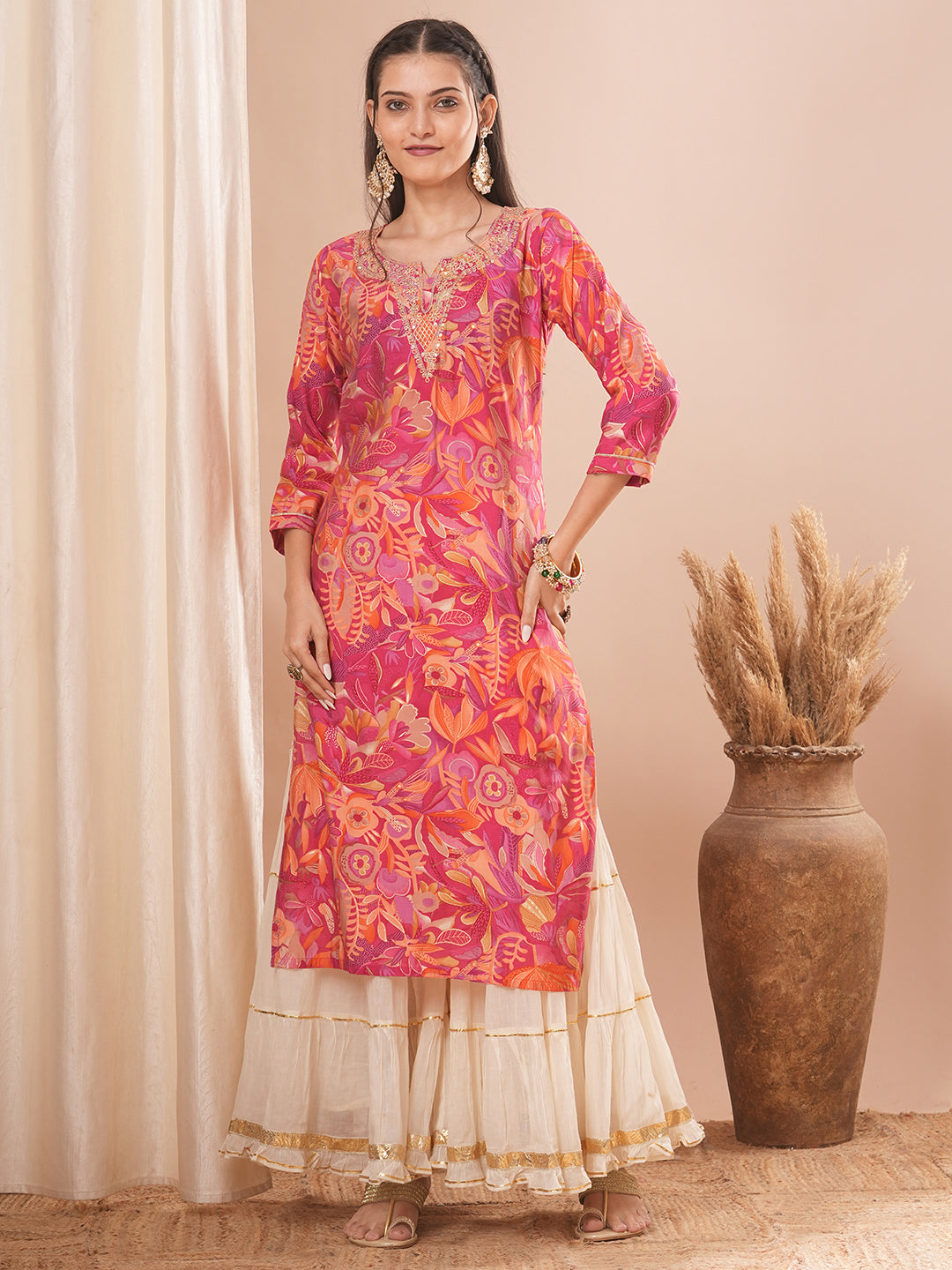 Abstract Floral Printed & Embroidered Straight Fit Kurta - Pink