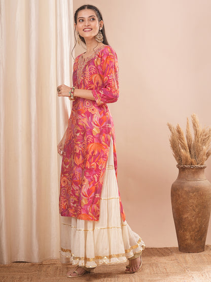 Abstract Floral Printed & Embroidered Straight Fit Kurta - Pink