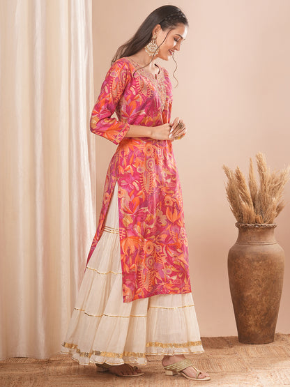 Abstract Floral Printed & Embroidered Straight Fit Kurta - Pink