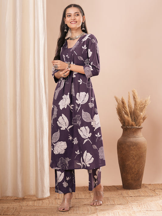 Abstract Floral Printed A-Line Paneled Co-ord Set - Purple