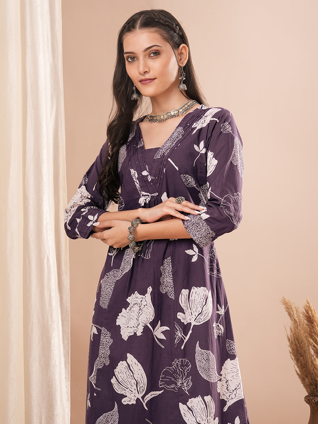 Abstract Floral Printed A-Line Paneled Co-ord Set - Purple