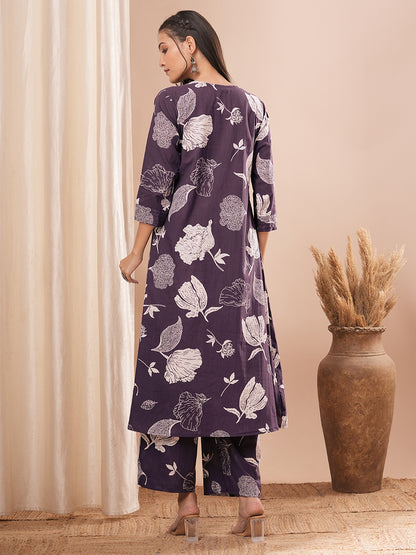 Abstract Floral Printed A-Line Paneled Co-ord Set - Purple