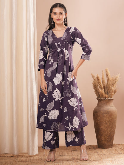 Abstract Floral Printed A-Line Paneled Co-ord Set - Purple