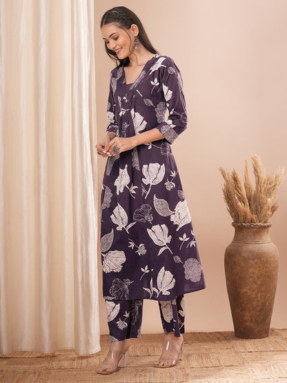 Abstract Floral Printed A-Line Paneled Co-ord Set - Purple