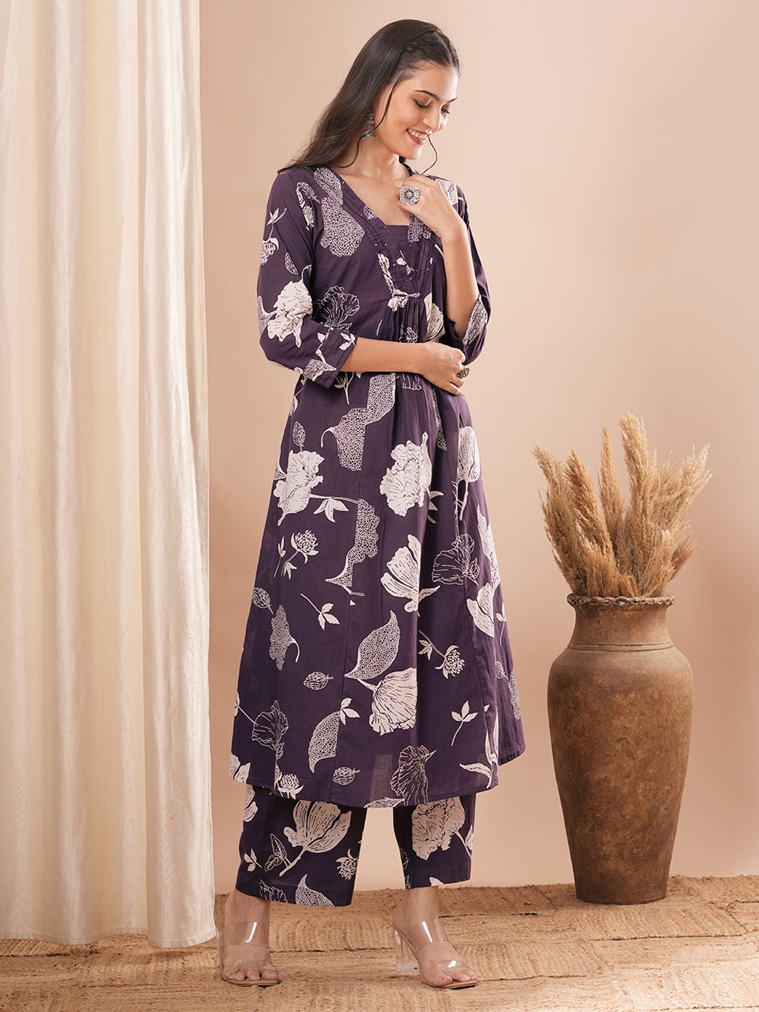 Abstract Floral Printed A-Line Paneled Co-ord Set - Purple