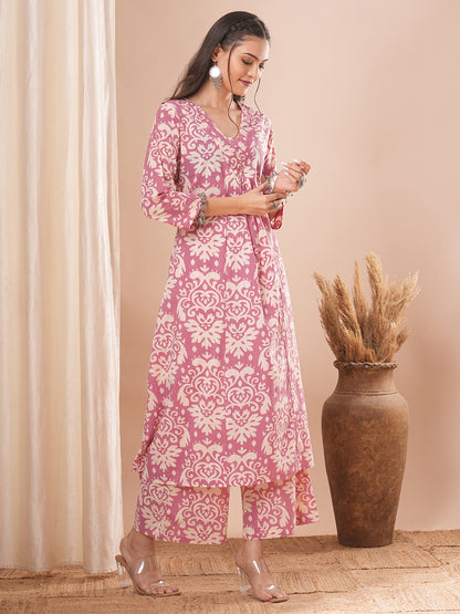 Abstract Floral Printed A-Line Paneled Co-ord Set - Pink