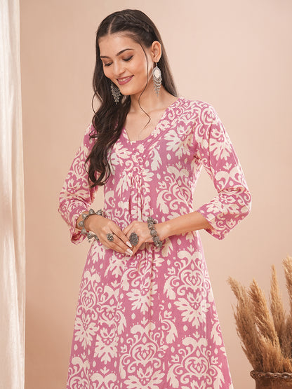 Abstract Floral Printed A-Line Paneled Co-ord Set - Pink