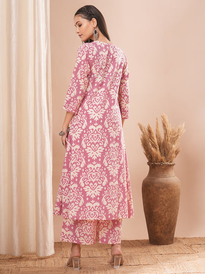 Abstract Floral Printed A-Line Paneled Co-ord Set - Pink