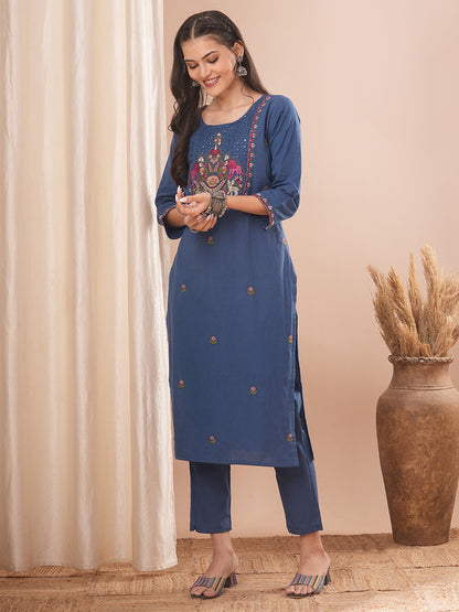 Solid Floral Embroidered Straight Fit Cotton Flax Co-ord Set - Blue