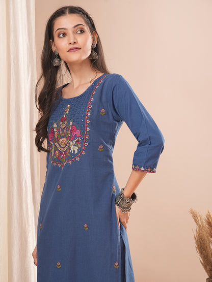 Solid Floral Embroidered Straight Fit Cotton Flax Co-ord Set - Blue