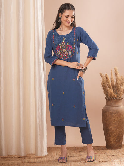 Solid Floral Embroidered Straight Fit Cotton Flax Co-ord Set - Blue