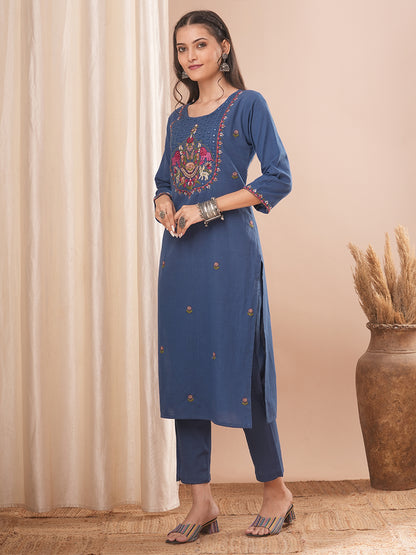 Solid Floral Embroidered Straight Fit Cotton Flax Co-ord Set - Blue