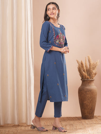 Solid Floral Embroidered Straight Fit Cotton Flax Co-ord Set - Blue