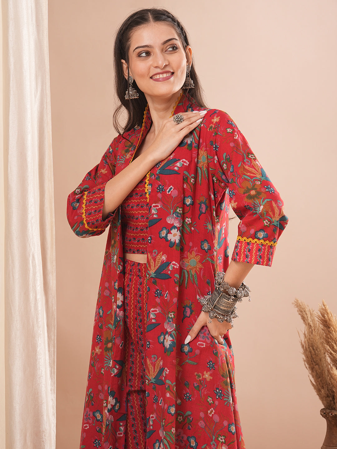 Ethnic Floral Printed Crop Top with A-Line Jacket and Palazzo - Red