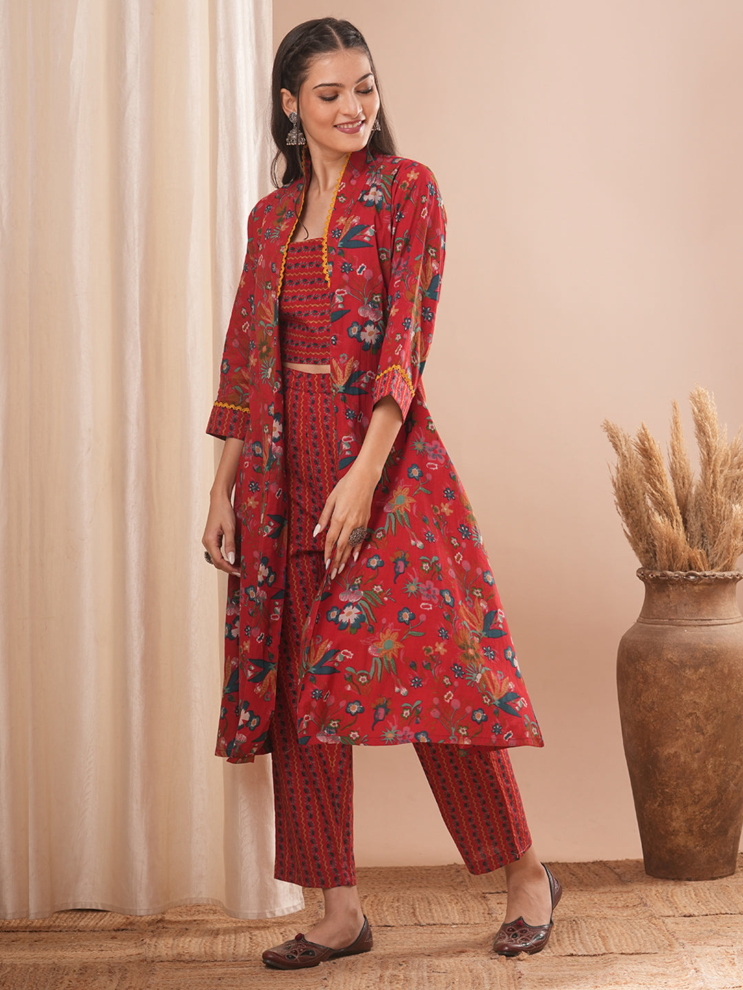 Ethnic Floral Printed Crop Top with A-Line Jacket and Palazzo - Red