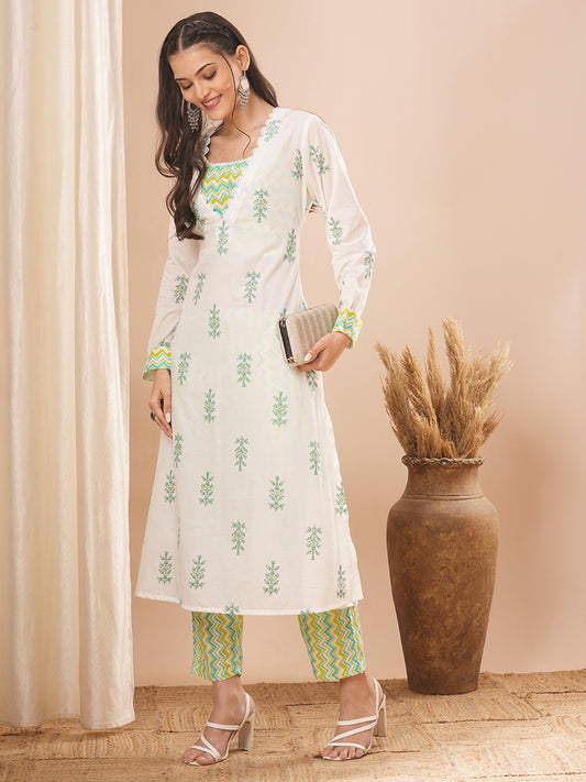 Ethnic Floral Printed A-Line Kurta with Top and Printed Palazzo - White