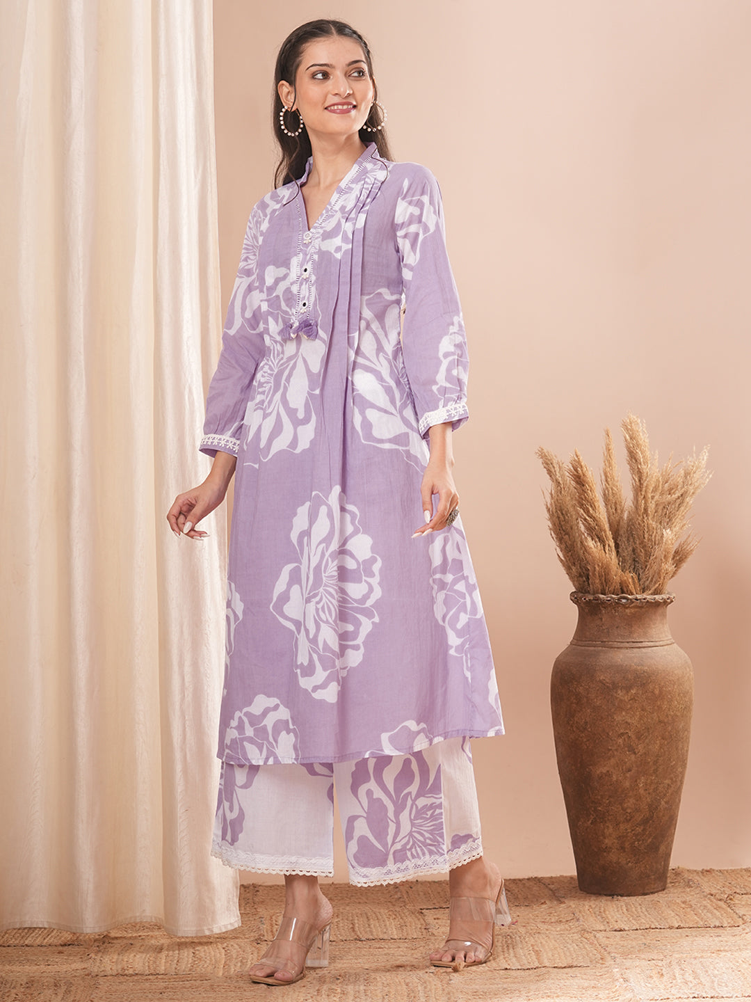 Abstract Floral Printed A-Line Paneled Co-ord Set - Purple