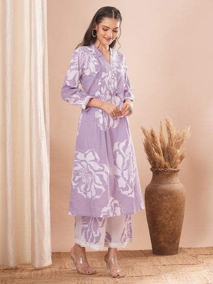 Abstract Floral Printed A-Line Paneled Co-ord Set - Purple