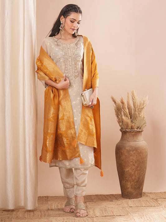 Ethnic Woven & Embroidered Straight Fit Kurta with Pant & Dupatta - Cream