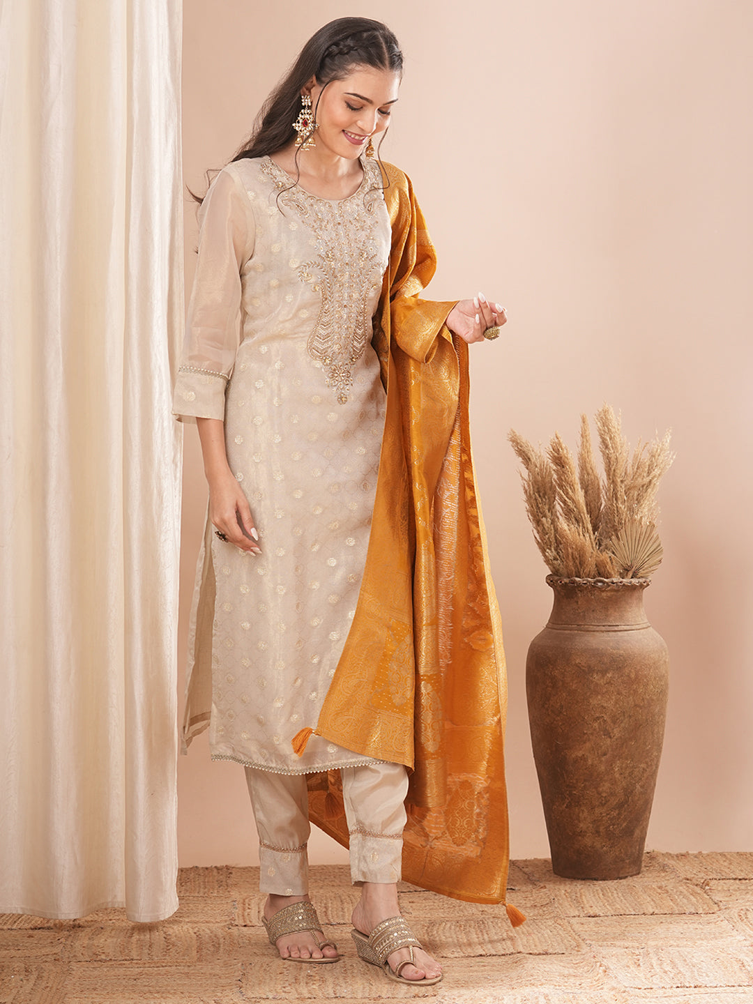 Ethnic Woven & Embroidered Straight Fit Kurta with Pant & Dupatta - Cream