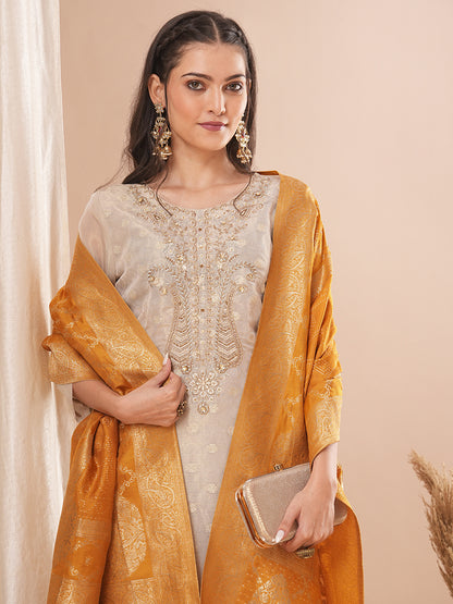 Ethnic Woven & Embroidered Straight Fit Kurta with Pant & Dupatta - Cream