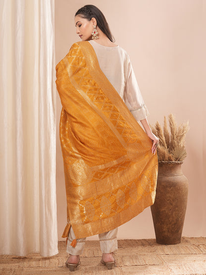 Ethnic Woven & Embroidered Straight Fit Kurta with Pant & Dupatta - Cream