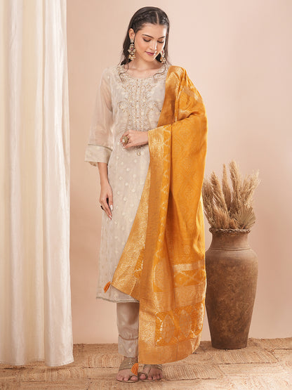 Ethnic Woven & Embroidered Straight Fit Kurta with Pant & Dupatta - Cream