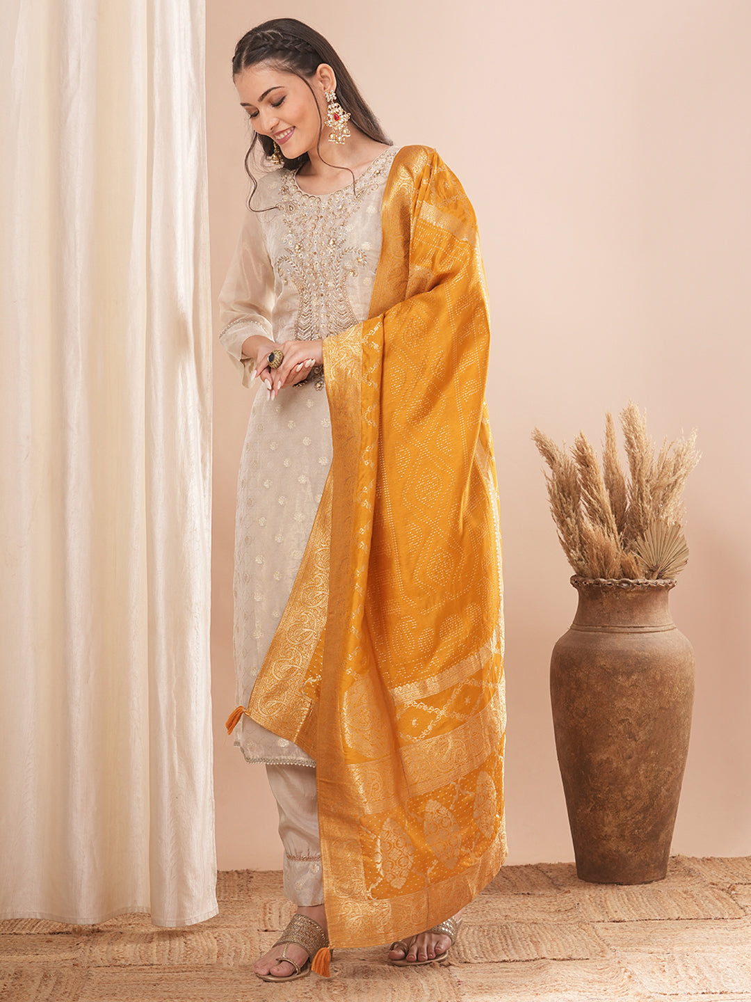 Ethnic Woven & Embroidered Straight Fit Kurta with Pant & Dupatta - Cream