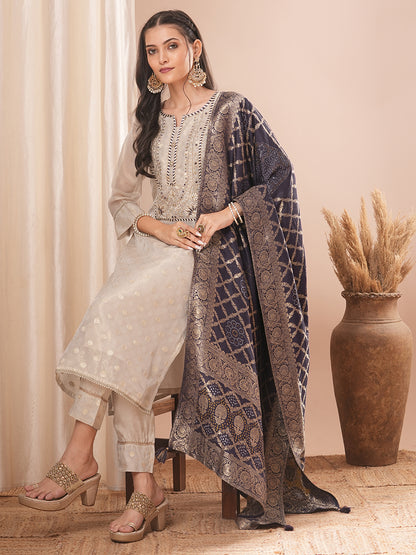 Solid Ethnic Embroidered Straight Fit Kurta with Pant & Dupatta - Cream