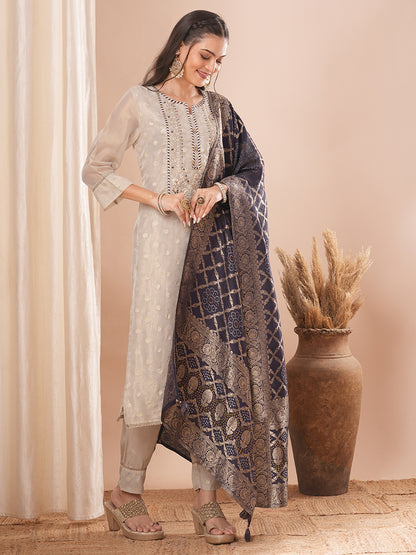 Solid Ethnic Embroidered Straight Fit Kurta with Pant & Dupatta - Cream