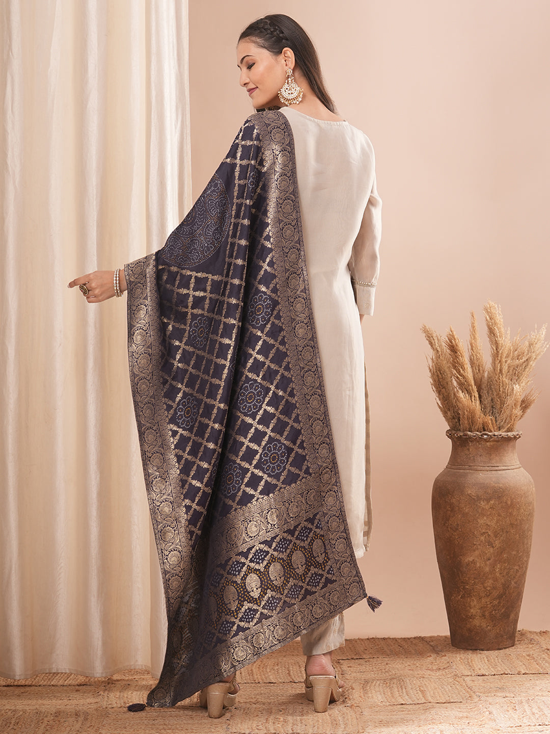 Solid Ethnic Embroidered Straight Fit Kurta with Pant & Dupatta - Cream