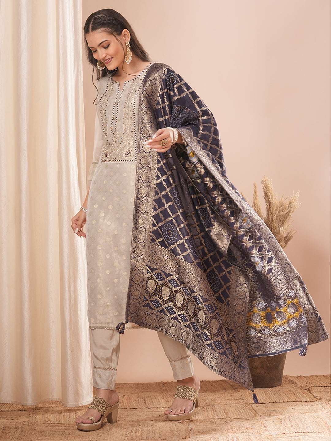 Solid Ethnic Embroidered Straight Fit Kurta with Pant & Dupatta - Cream