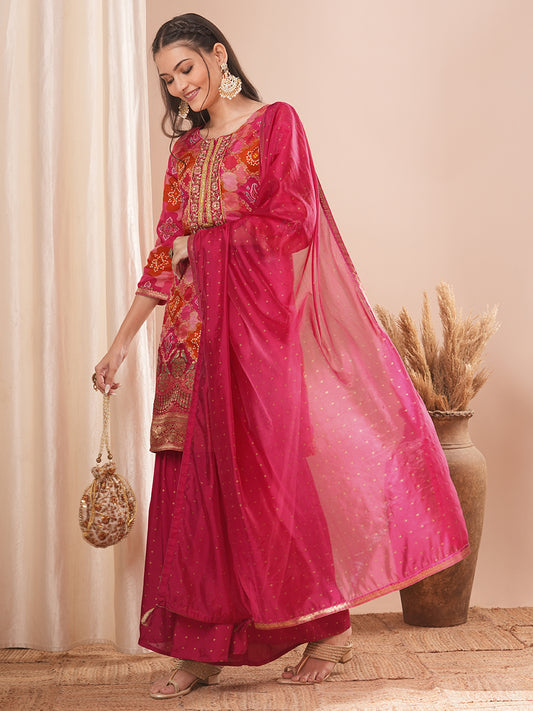 Ethnic Woven Embroidered Bandhani Printed Straight Kurta with Sharara & Dupatta - Pink