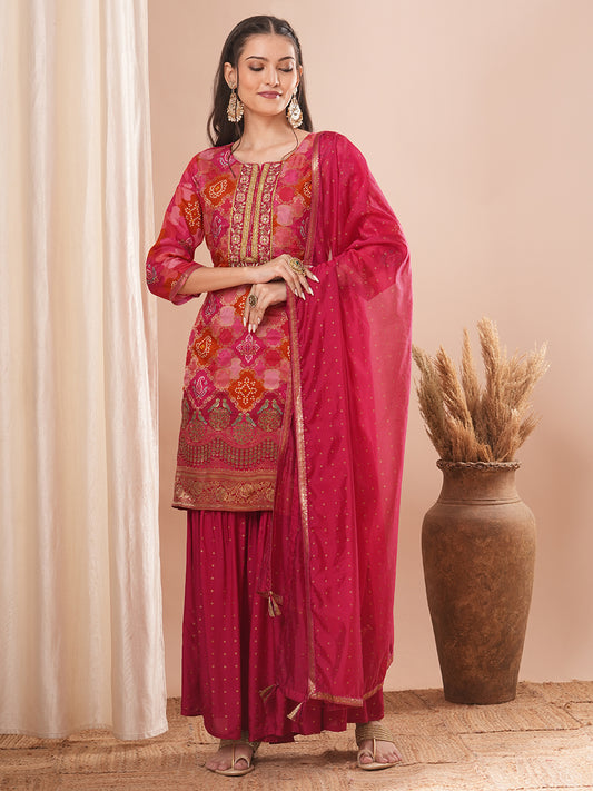 Ethnic Woven Embroidered Bandhani Printed Straight Kurta with Sharara & Dupatta - Pink