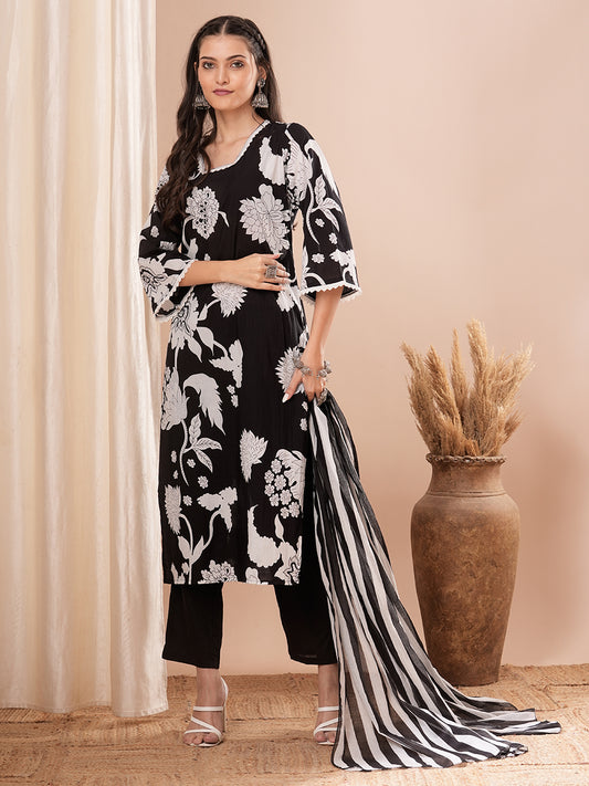 Flower Printed Straight Fit Kurta with Pant and Dupatta - Black