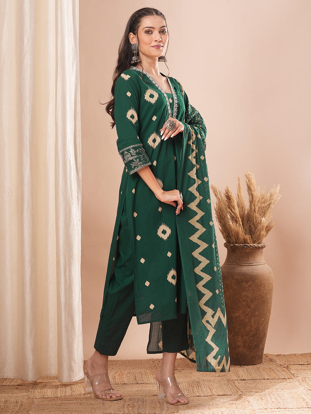 Ethnic Printed & Embroidered Straight Kurta with Pant and Dupatta - Green