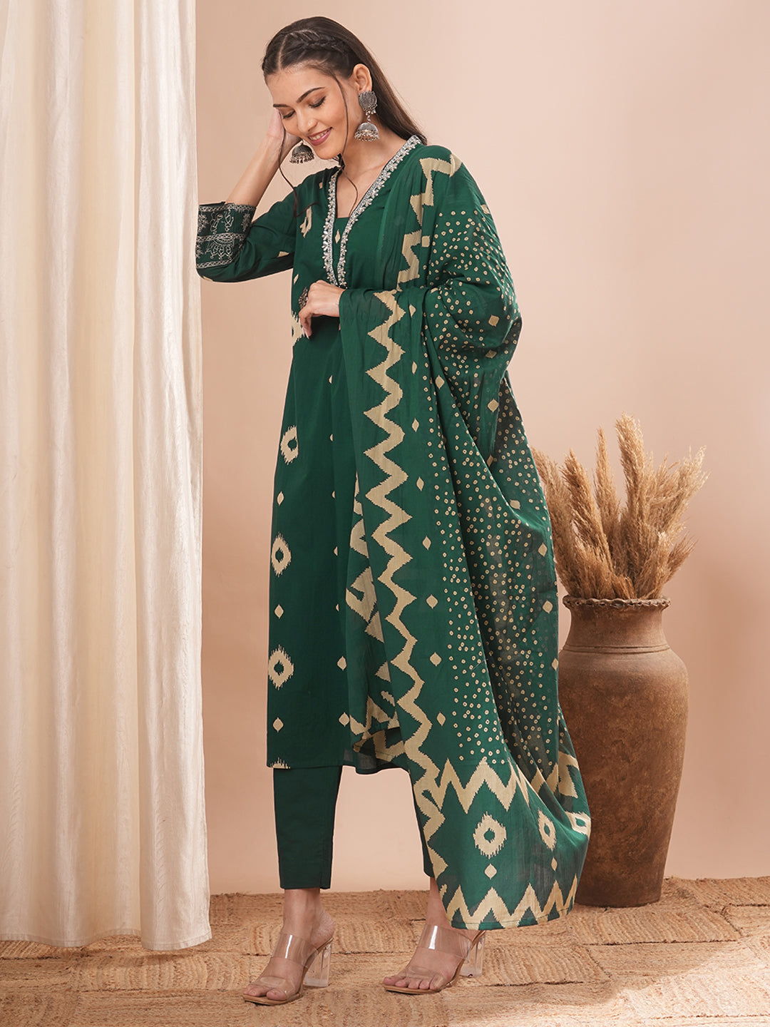 Ethnic Printed & Embroidered Straight Kurta with Pant and Dupatta - Green