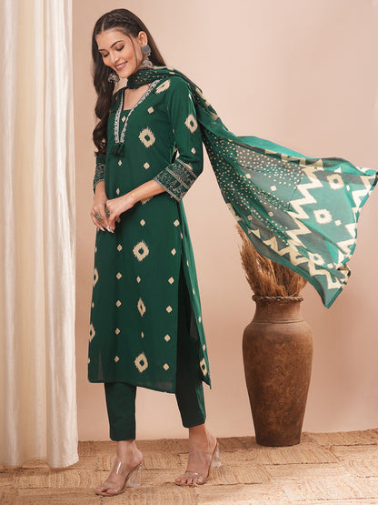 Ethnic Printed & Embroidered Straight Kurta with Pant and Dupatta - Green