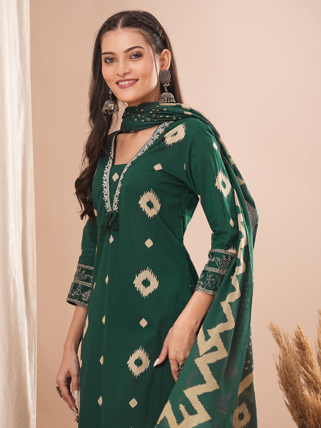 Ethnic Printed & Embroidered Straight Kurta with Pant and Dupatta - Green