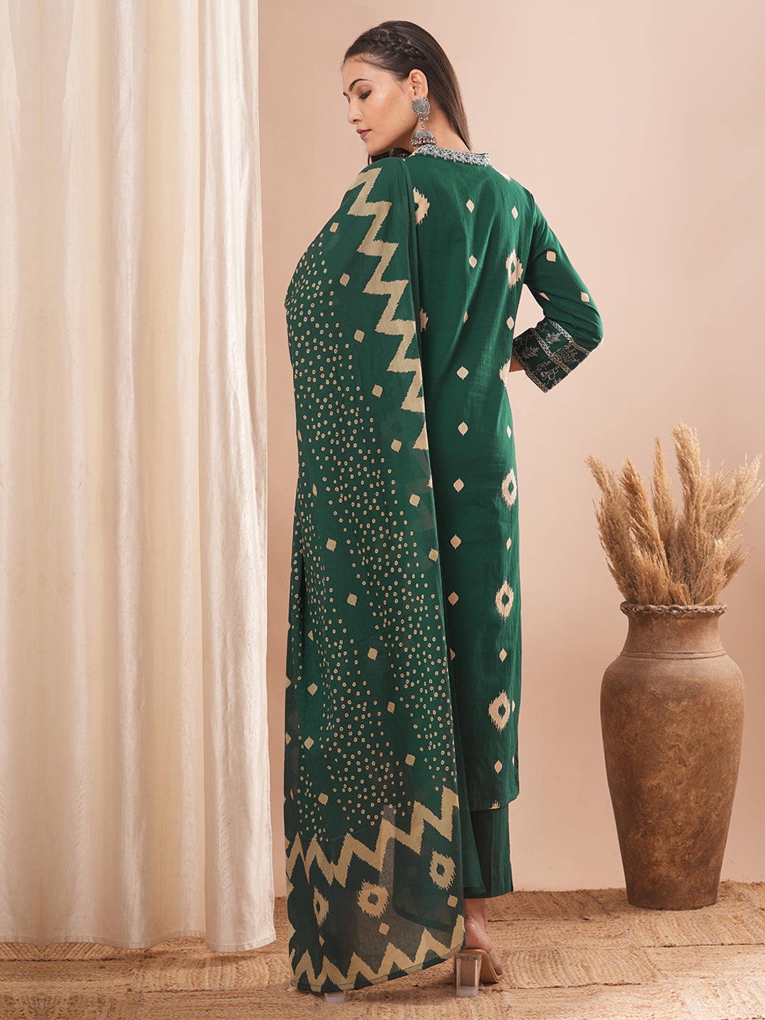 Ethnic Printed & Embroidered Straight Kurta with Pant and Dupatta - Green