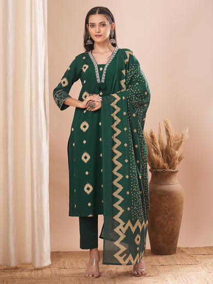 Ethnic Printed & Embroidered Straight Kurta with Pant and Dupatta - Green