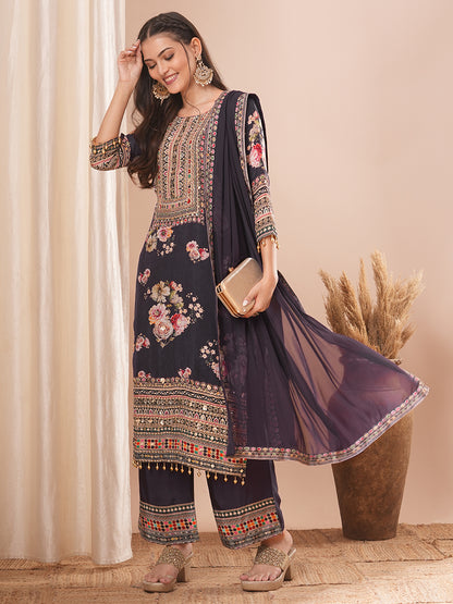 Ethnic Floral Printed & Embroidered Straight Kurta with Pant & Dupatta - Purple