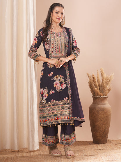 Ethnic Floral Printed & Embroidered Straight Kurta with Pant & Dupatta - Purple