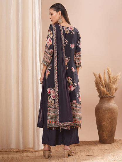 Ethnic Floral Printed & Embroidered Straight Kurta with Pant & Dupatta - Purple