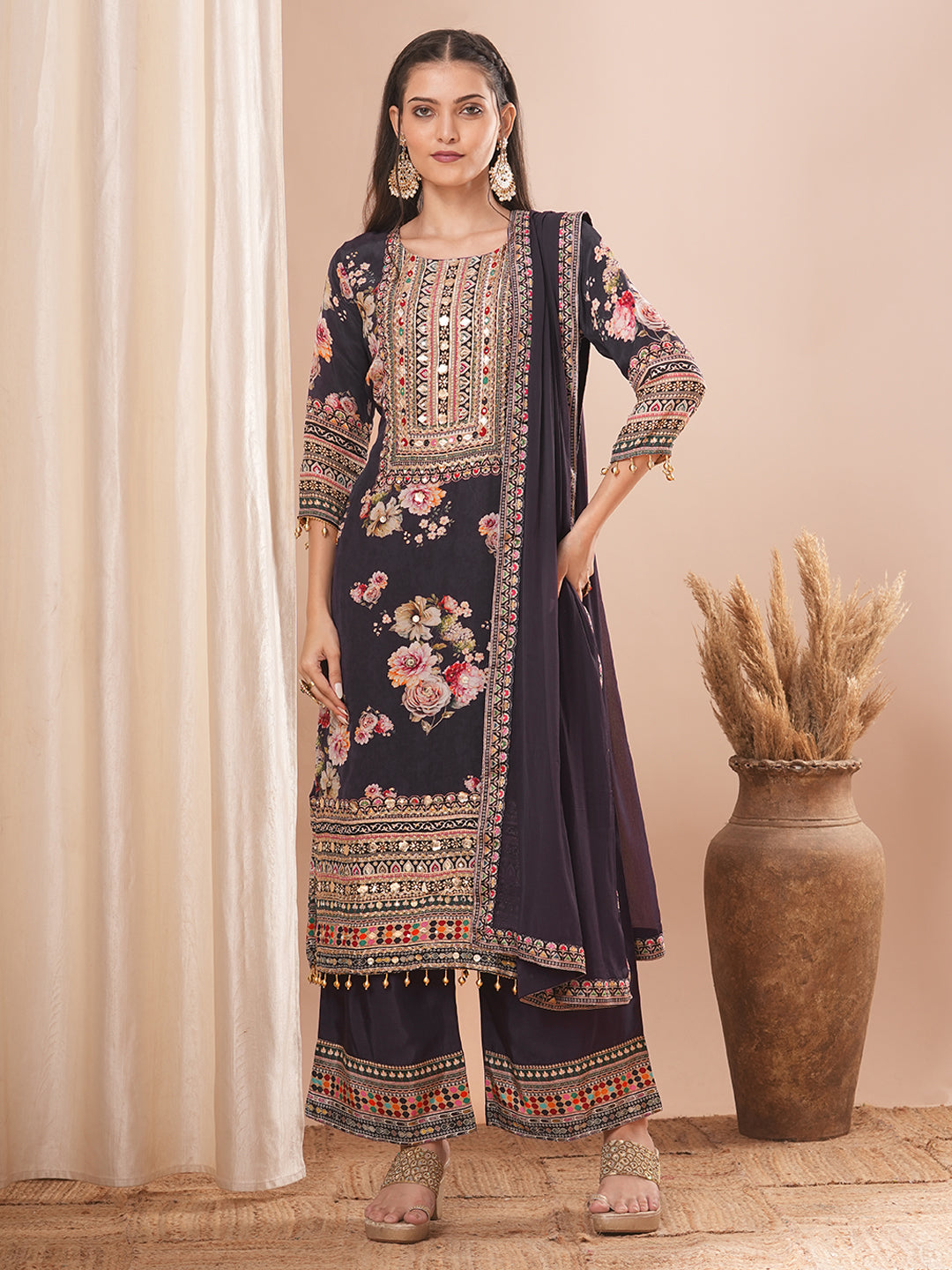 Ethnic Floral Printed & Embroidered Straight Kurta with Pant & Dupatta - Purple