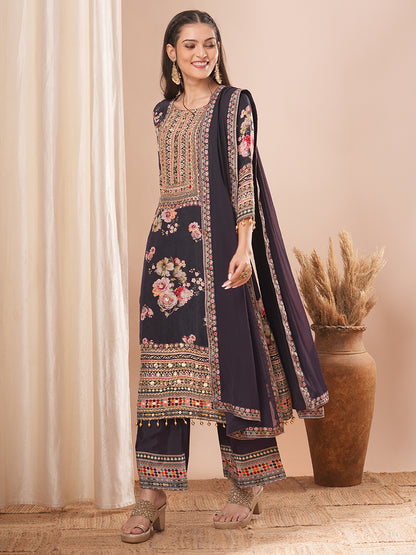 Ethnic Floral Printed & Embroidered Straight Kurta with Pant & Dupatta - Purple