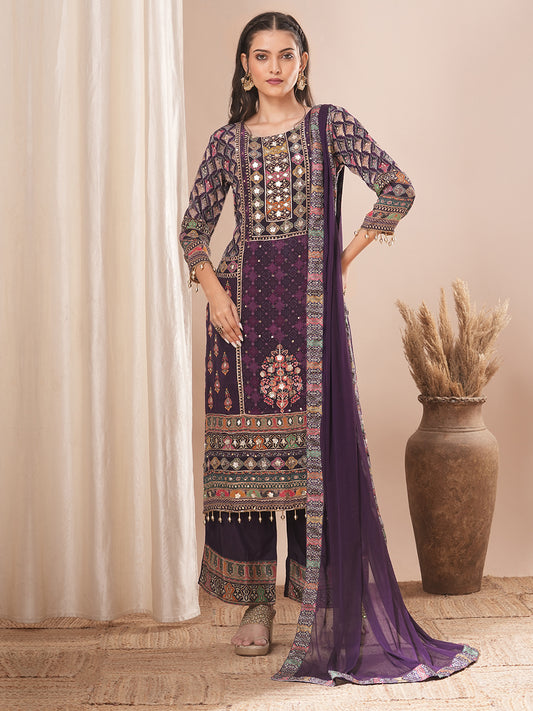 Ethnic Floral Printed & Embroidered Straight Kurta with Pant & Dupatta - Purple