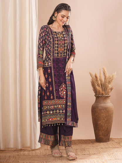 Ethnic Floral Printed & Embroidered Straight Kurta with Pant & Dupatta - Purple