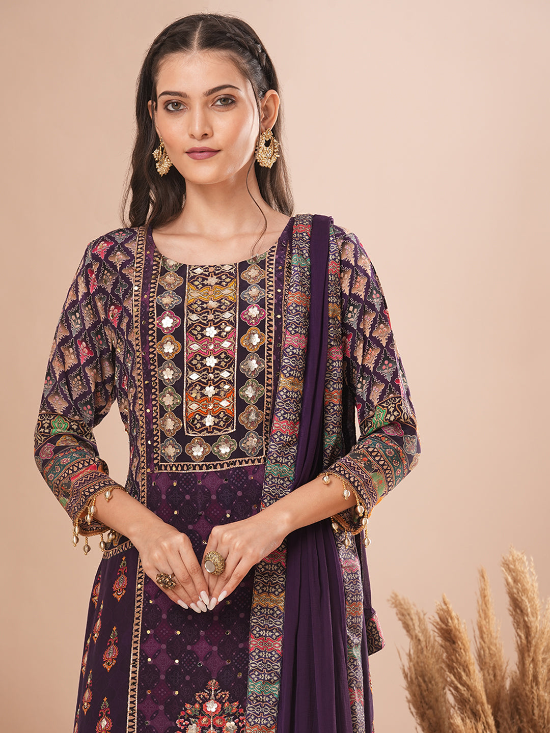 Ethnic Floral Printed & Embroidered Straight Kurta with Pant & Dupatta - Purple